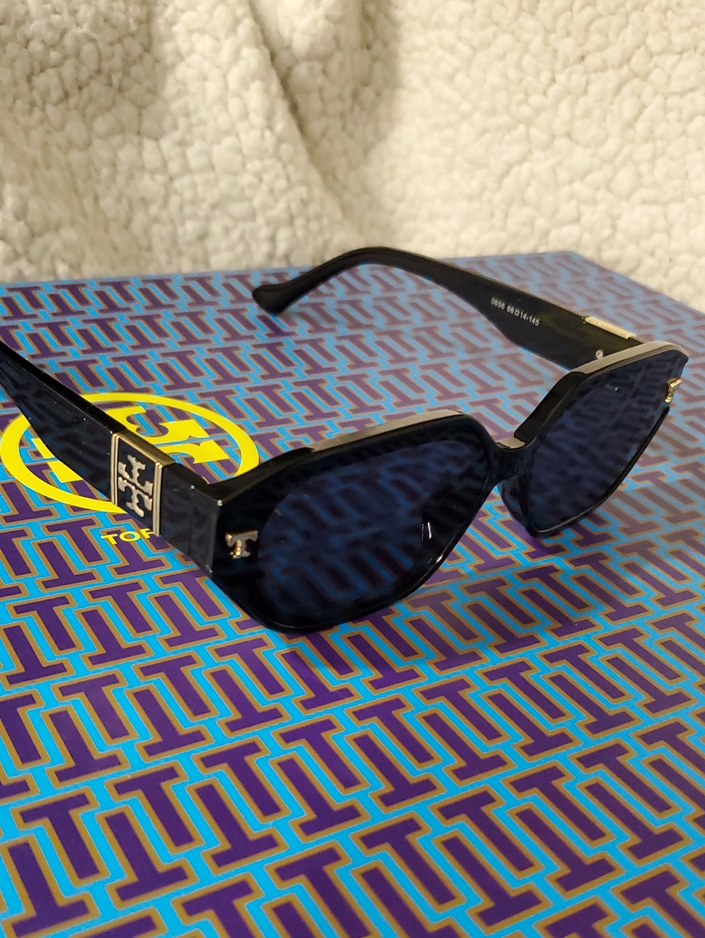 Tory Burch Black Sunglasses with Dark Blue Lenses and Gold Accents